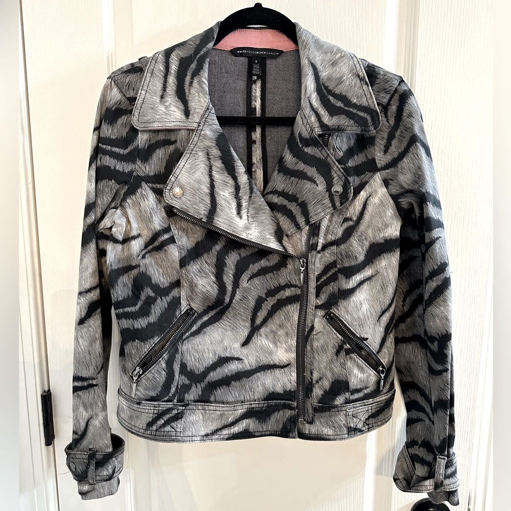 White House Black Market Zebra Print Moto Jacket Size 6